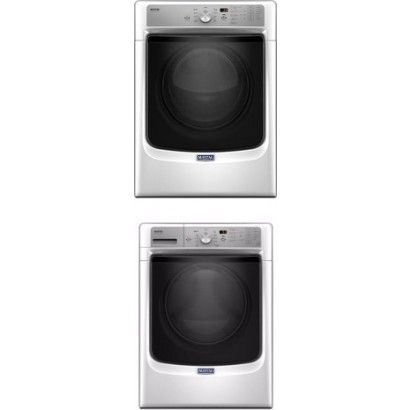 Maytag MHW5500FW etupesurin alusta ja MED5500FW sähköinen kuivausrumpu jalustalaatikoilla