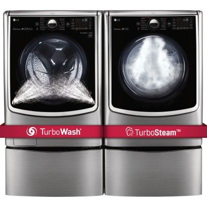LG WM5000HVA алдыңғы жүк жуғыш және DLEX5000V электр кептіргіш, SideKick кір жуғыш және тіреуіш